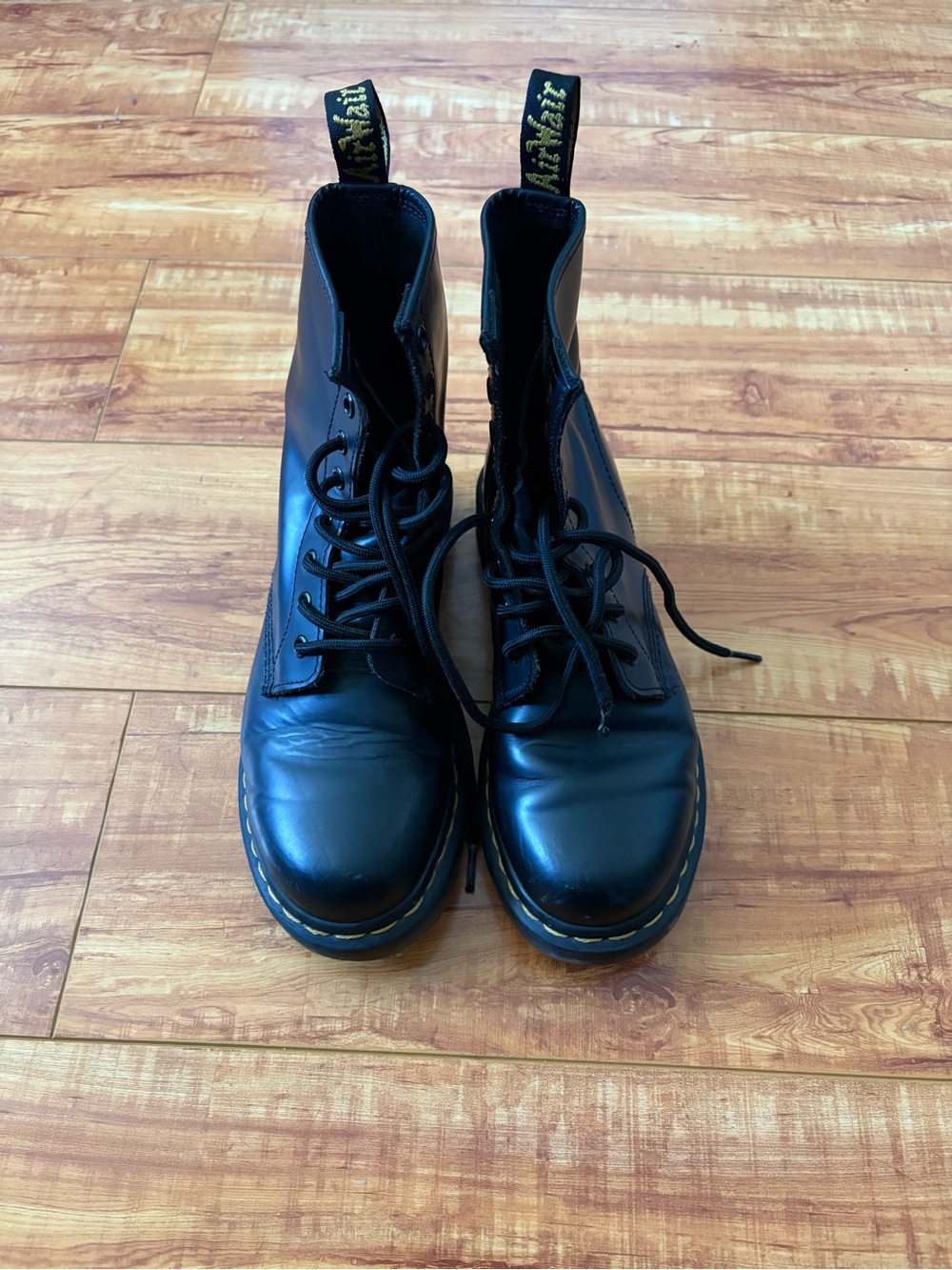 Dr. Martens Black Leather Lace-Up Boots with Yellow Stitching